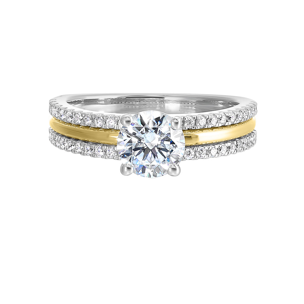 Divided into three distinct rows, this magnificient wide band solitare ring mixes with ease. The broad shank features a central row of metal with adjacent rows of diamonds.