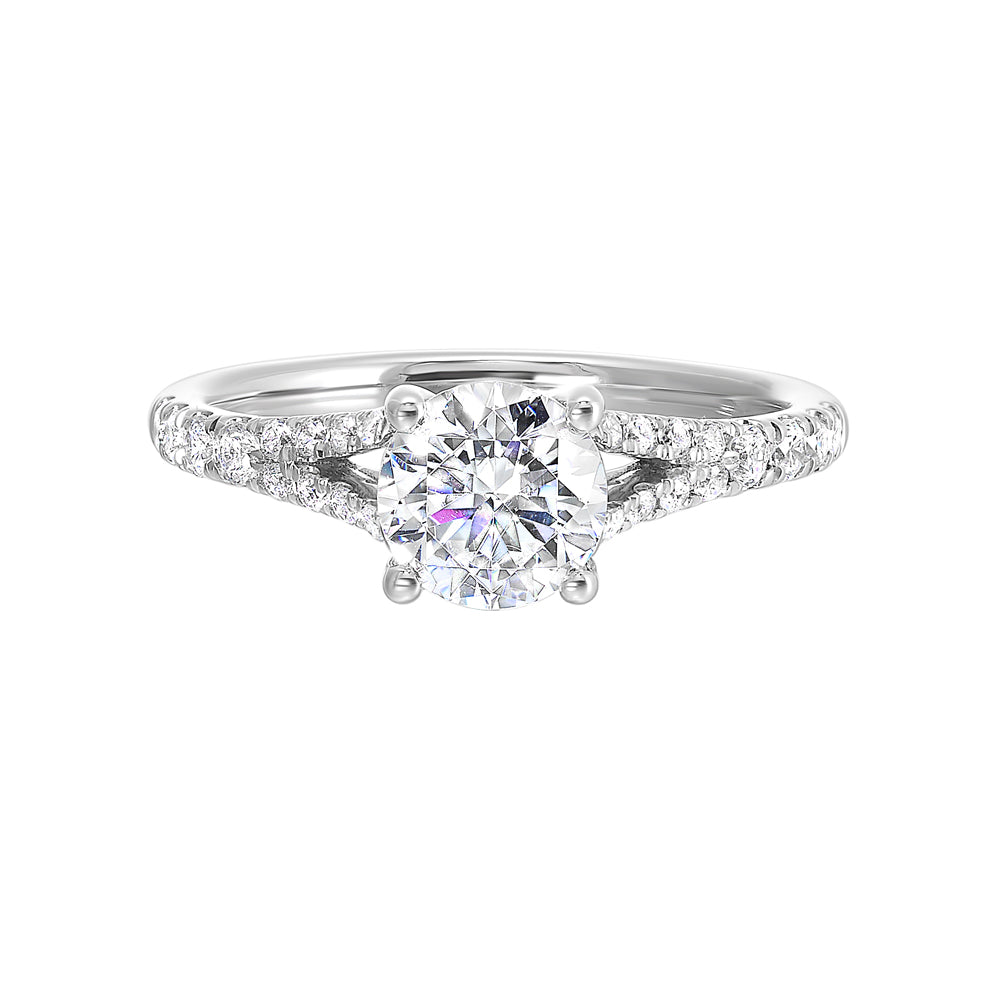 Double the sparkle with pave split shank engagement ring featuring solitare diamond center.