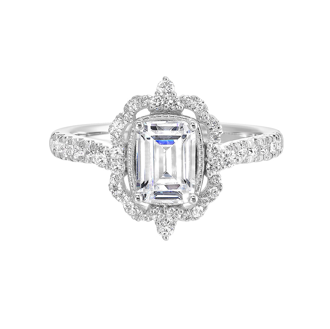 Vintage milgrain halo emerald engagement ring takes you to a different era with pave studded shank look.