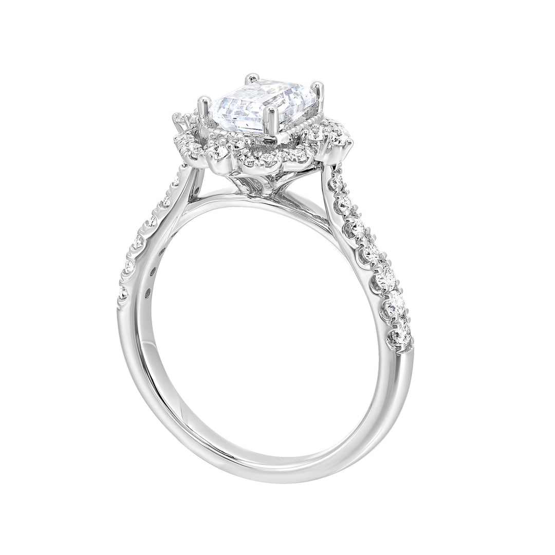 Vintage milgrain halo emerald engagement ring takes you to a different era with pave studded shank look.