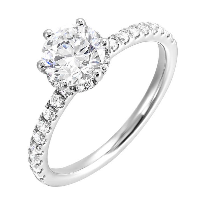 Timeless and elegant,  this diamond engagement ring is a classic look she will adore,  with a add on of 6 prong solitare in center.