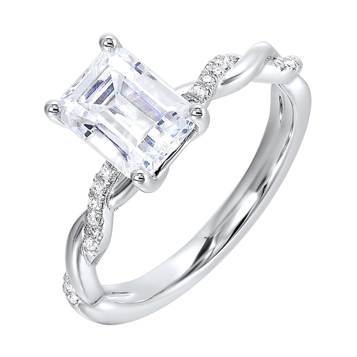 This beautiful ring features a shimmering strand of pave diamonds entwined with a lustrous metal highlights the emerald center.
