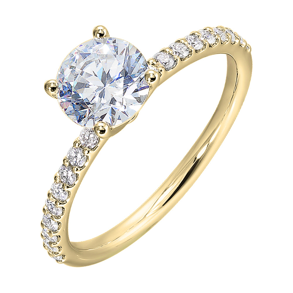 This solitaire ring boasts a dazzling micro pave on shank,  offering sparkle to this delicate design offers timeless look.