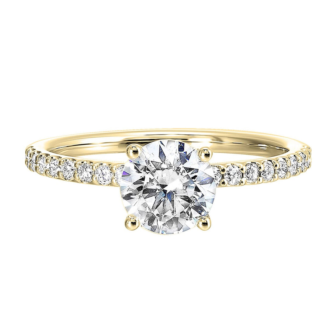 This solitaire ring boasts a dazzling micro pave on shank, offering sparkle to this delicate design offers timeless look.