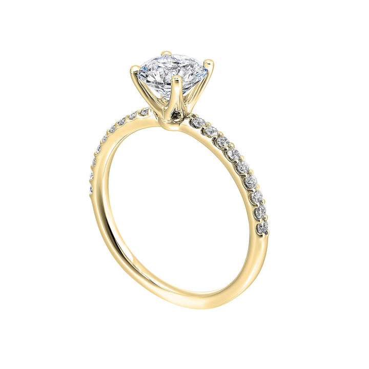 This solitaire ring boasts a dazzling micro pave on shank, offering sparkle to this delicate design offers timeless look.