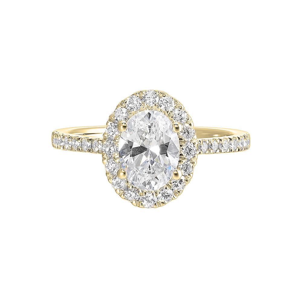 Oval solitaire halo ring with sleek diamond studded shank,  this design offers a romantic look for your special moments.