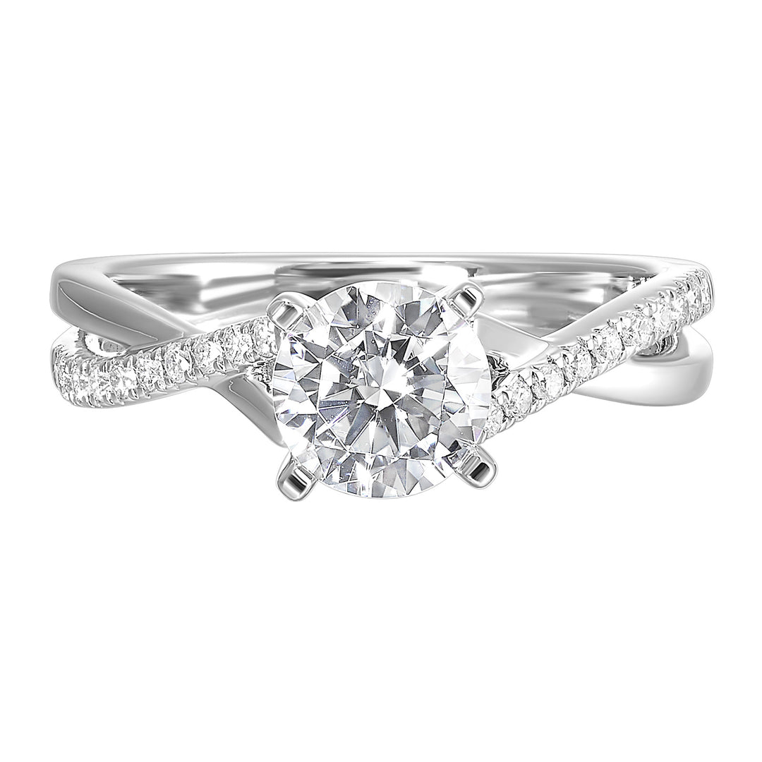 Criss cross ring symbolizing the union of two souls highlighting the gorgeous center solitare and play of diamonds is sure to impress her.