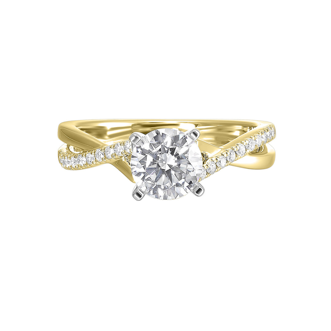 Criss cross ring symbolizing the union of two souls highlighting the gorgeous center solitare and play of diamonds is sure to impress her.