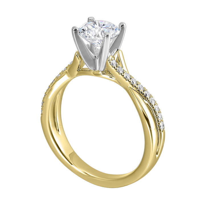 Criss cross ring symbolizing the union of two souls highlighting the gorgeous center solitare and play of diamonds is sure to impress her.