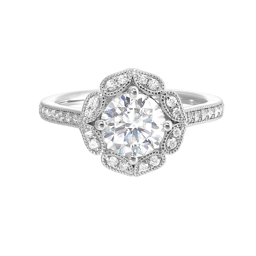The solitaire ring gets a upgrade with a floral halo and diamond studded shank making your love blossom forever.