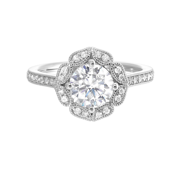 The solitaire ring gets a upgrade with a floral halo and diamond studded shank making your love blossom forever.