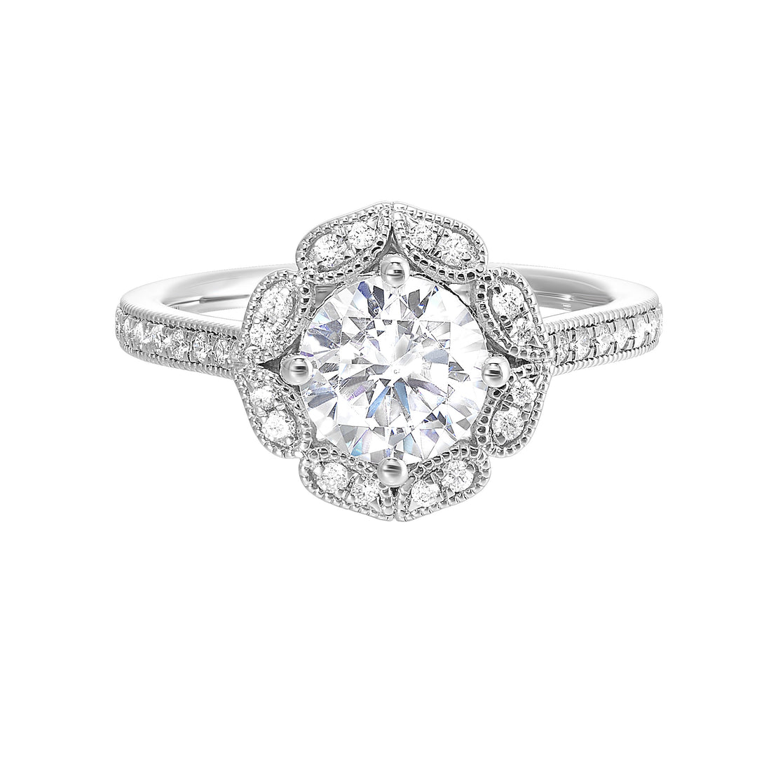 The solitaire ring gets a upgrade with a floral halo and diamond studded shank making your love blossom forever.