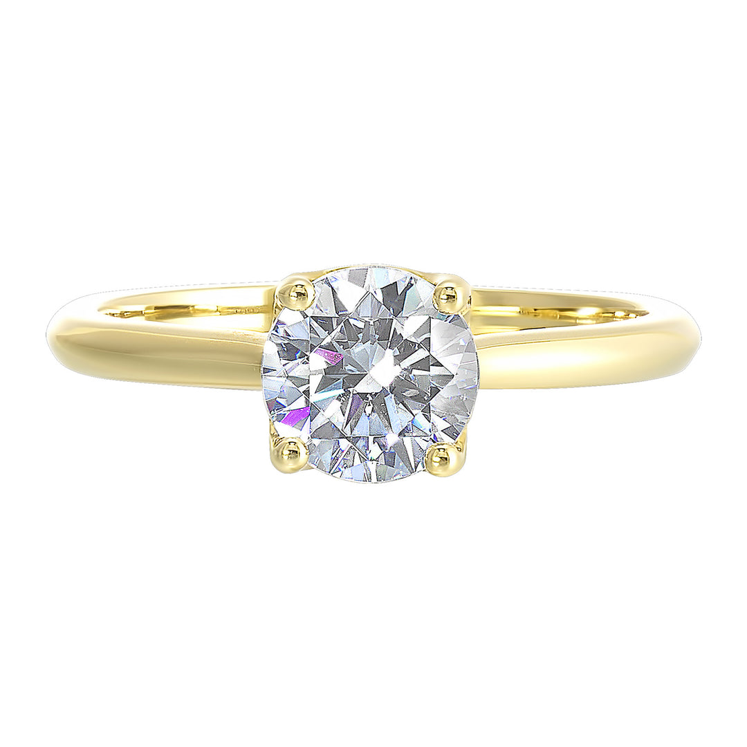 Delicate solitaire ring features a thin metal band that showcases a beaded milgrain in center with added glitters of diamonds in front.