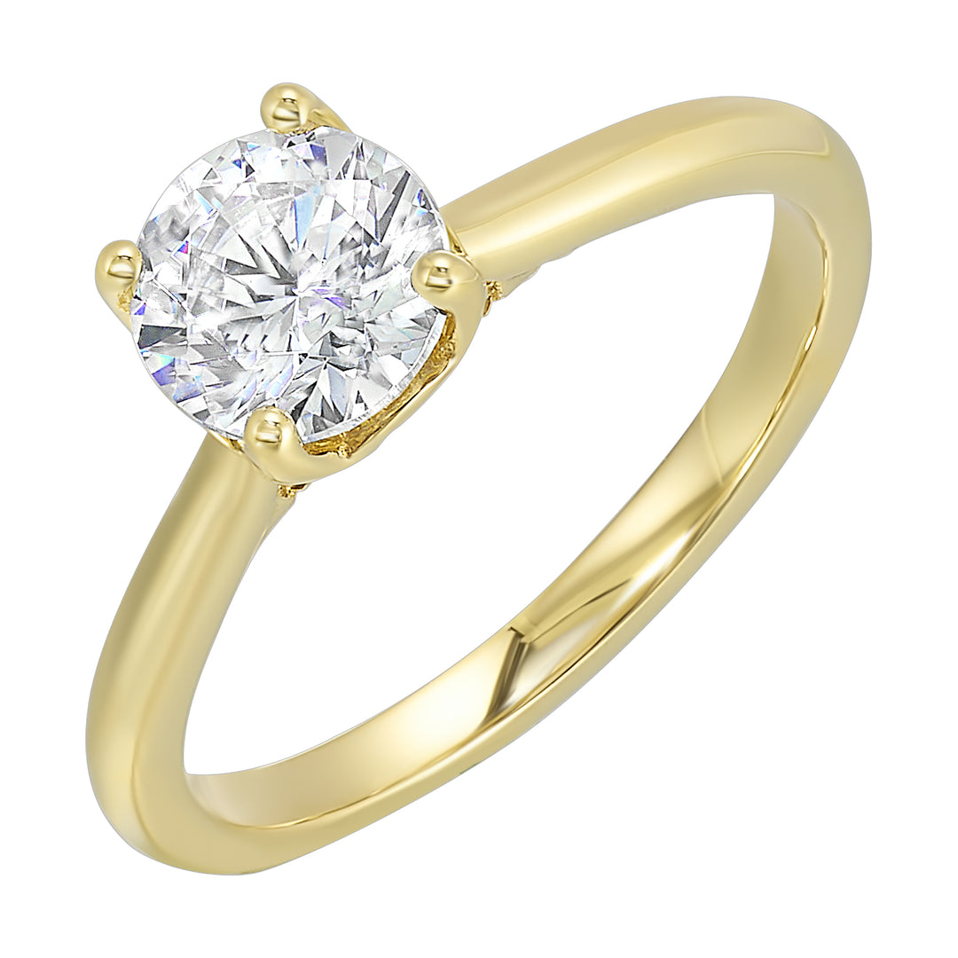 Delicate solitaire ring features a thin metal band that showcases a beaded milgrain in center with added glitters of diamonds in front.