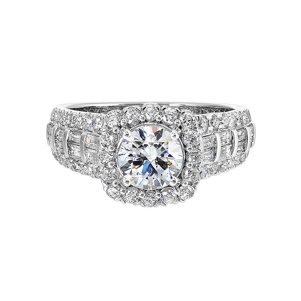 This modern style engagement ring features three rows of pave set diamonds with baugette diamonds in the center row standing out along with a softer cushion halo.