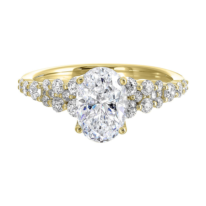 Immerse yourself in the enchanting beauty of this engagement ring highlighting the oval center and unique diamond setting in shank.