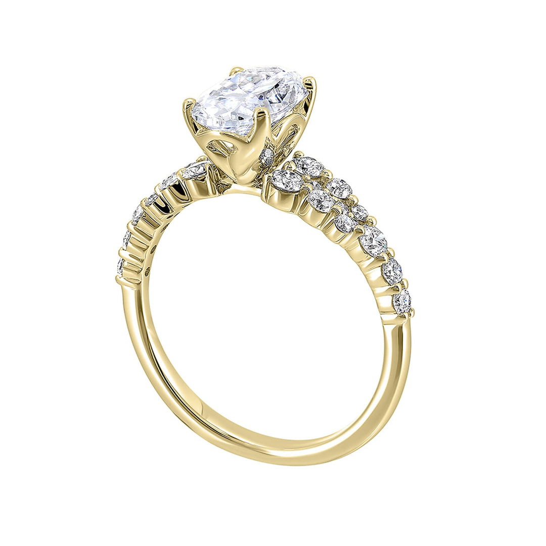 Immerse yourself in the enchanting beauty of this engagement ring highlighting the oval center and unique diamond setting in shank.