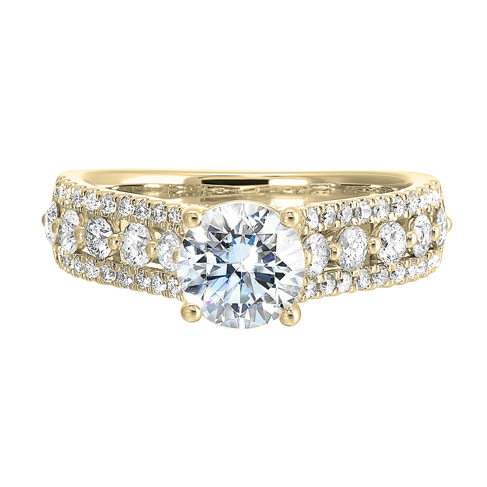 A triple row engagement ring with bigger diamond in center complemented by two micro row of diamonds on either side is perfect to sparkle your evening.