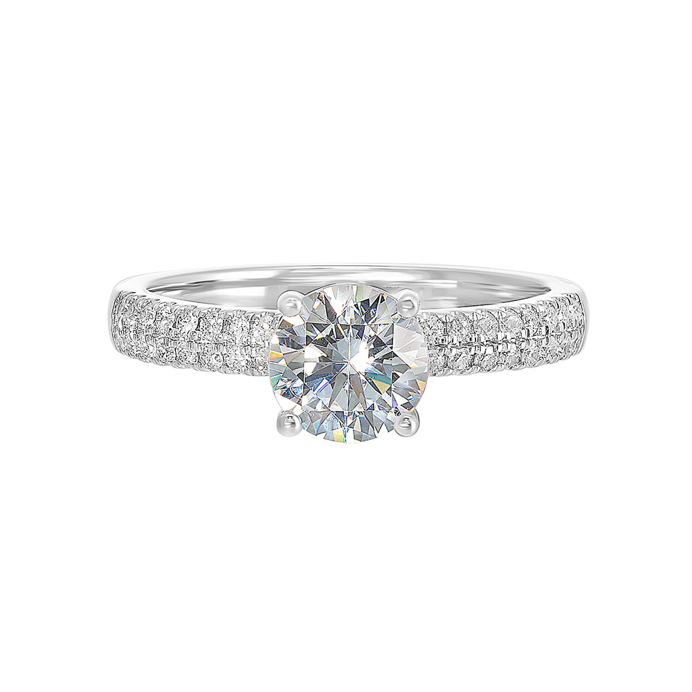 Light up with twice the sparkle with the two line micro pave band and round solitare for an eye catching look.