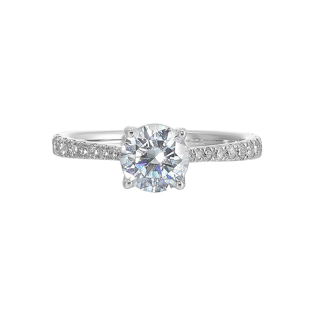 This stylish pave engagement ring features round center solitare making it a stunning choice.