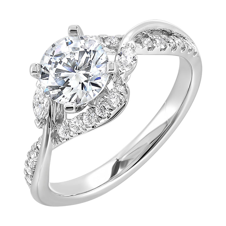 A nature inspired twist on the classic three stone ring. This ring features interwined look with play of pave diamonds and metal.