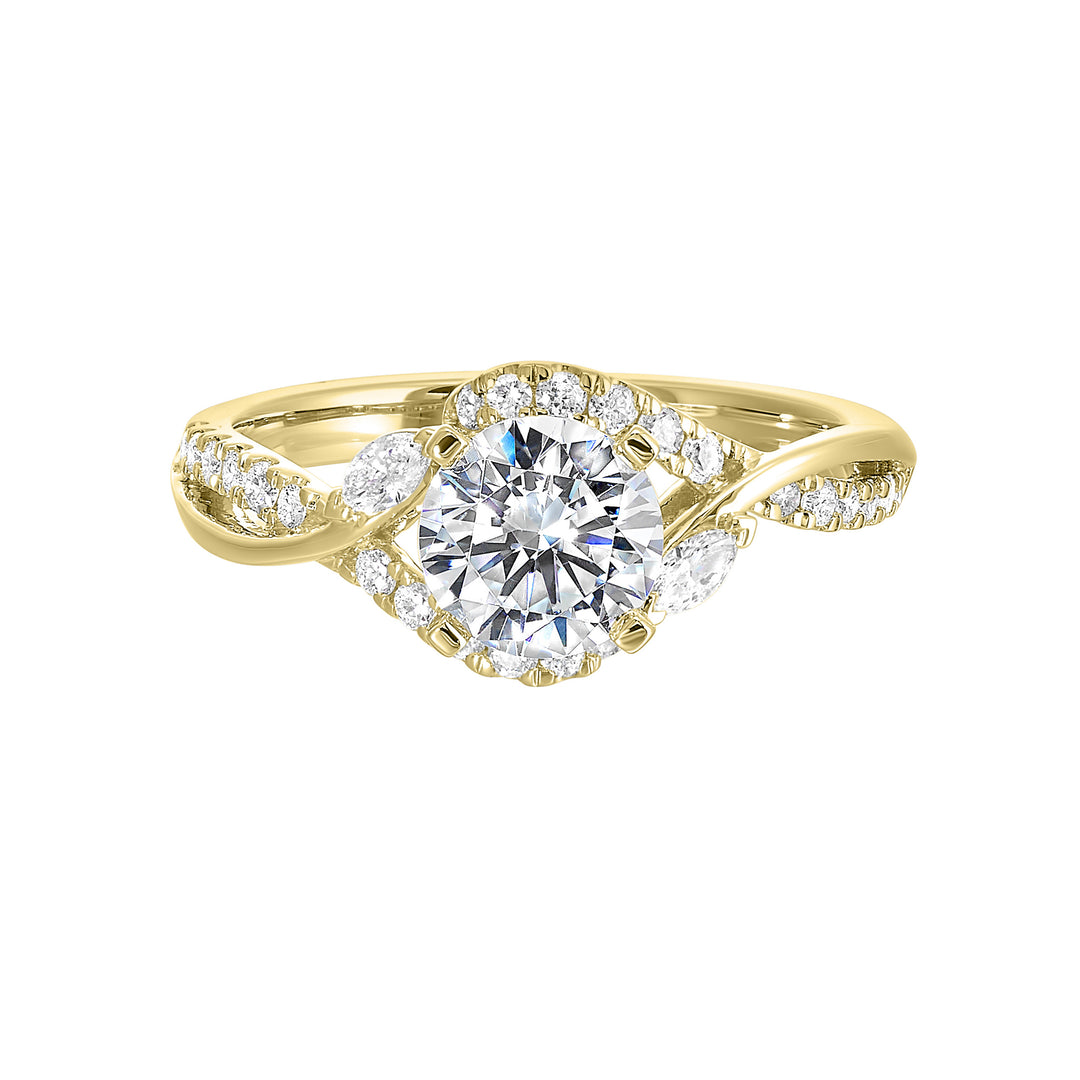 A nature inspired twist on the classic three stone ring. This ring features interwined look with play of pave diamonds and metal.