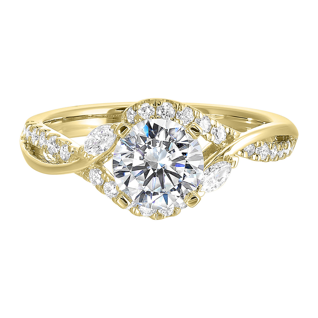 A nature inspired twist on the classic three stone ring. This ring features interwined look with play of pave diamonds and metal.
