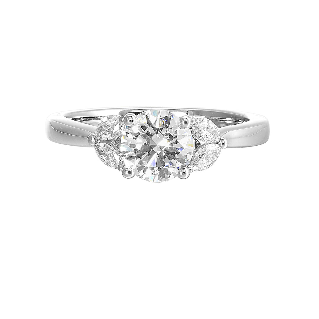 Create timeless romance with round solitaire engagement ring held between symmetrical marquise petals.
