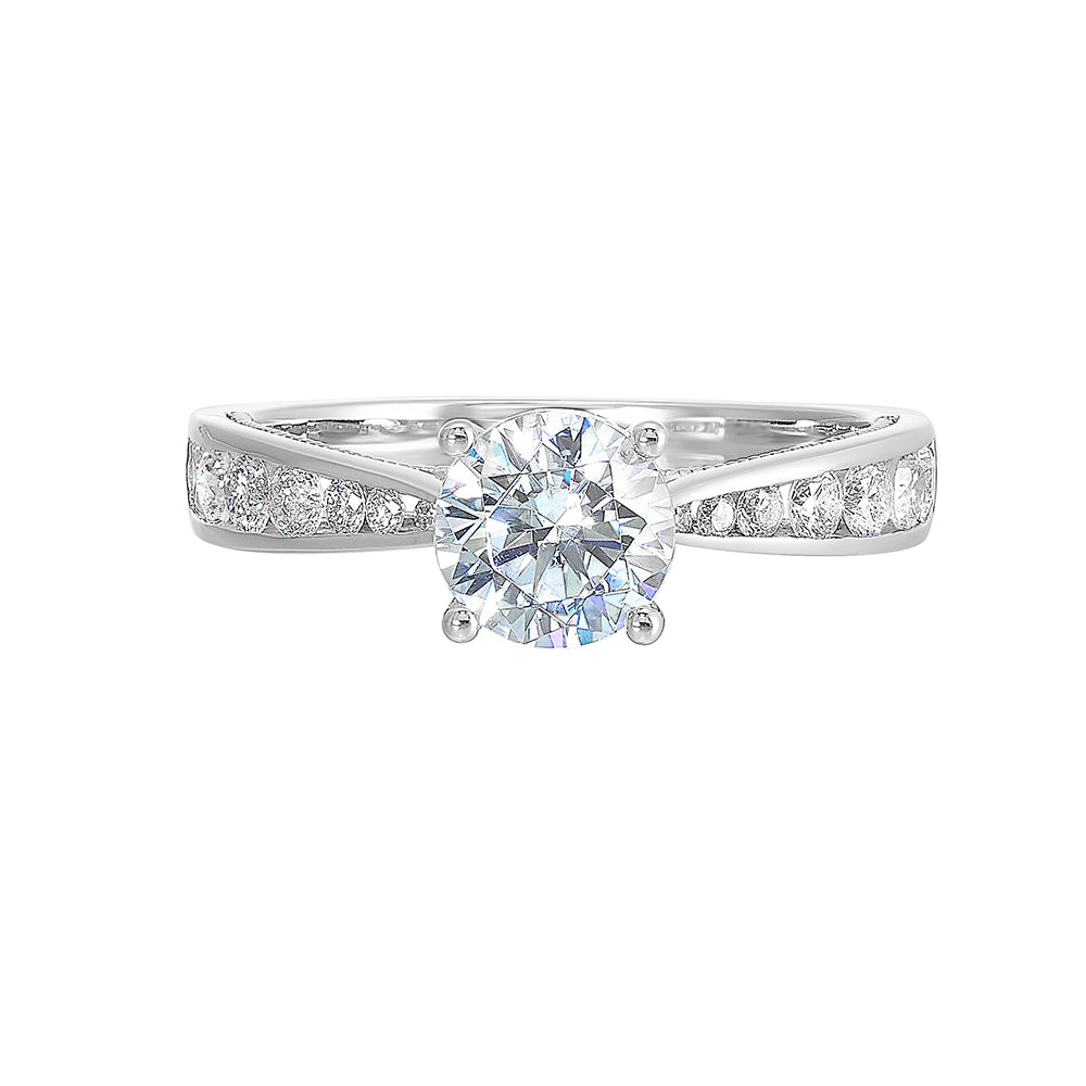 Solitaire ring complemented by pave set diamonds on pinched metallic shank with enchanting front details is sure to impress her.