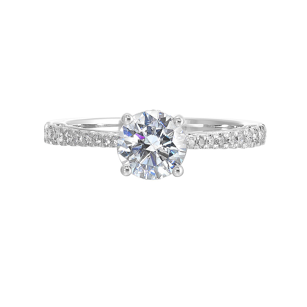 Designed with the perfect pinch on the shank, this pave engagement ring will show off your center stone beautifully with detailed side view.
