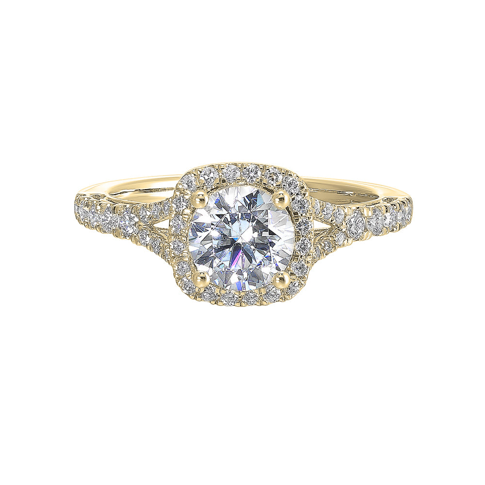 A softened cushion halo of diamonds surrounds the center solitaire with front details.Pave split shank adds a stylish, dazzling look.