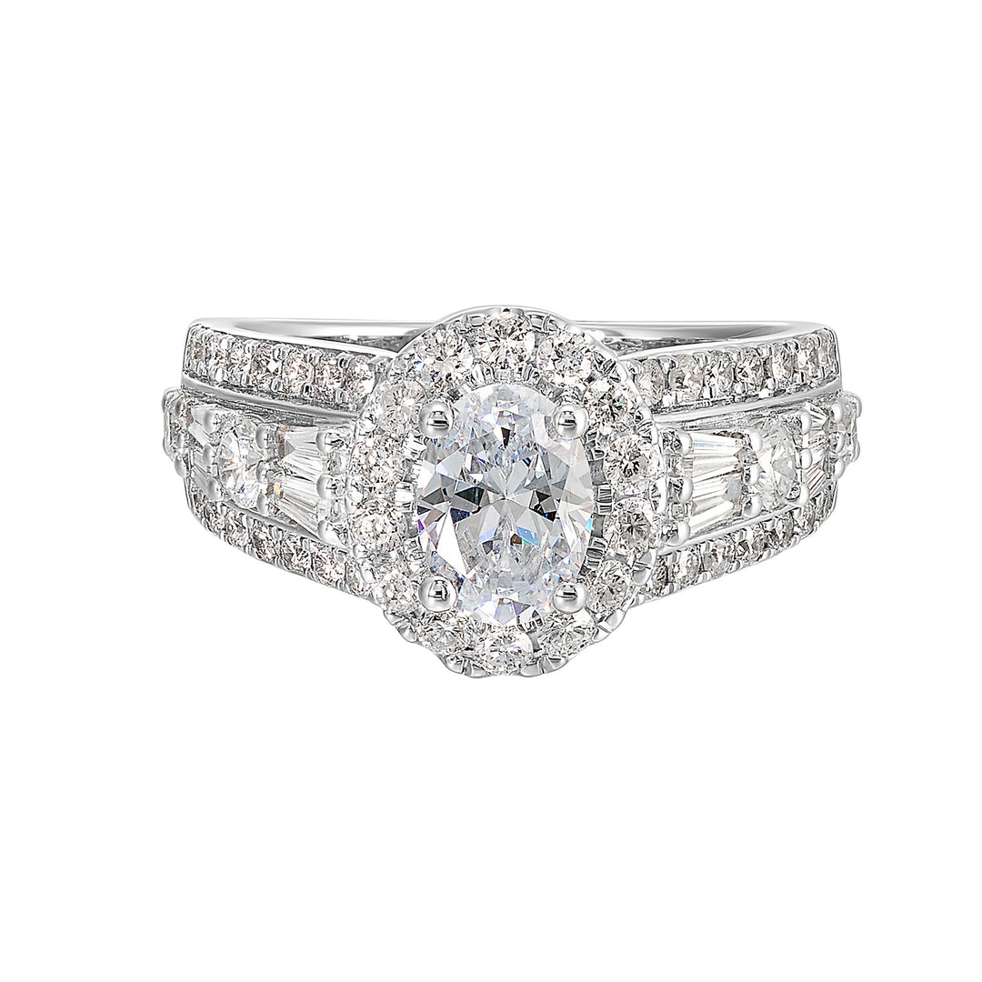Enjoy the sparkle of this gorgeous three row engagement ring from a mile away with a combination of baugette and round diamond.