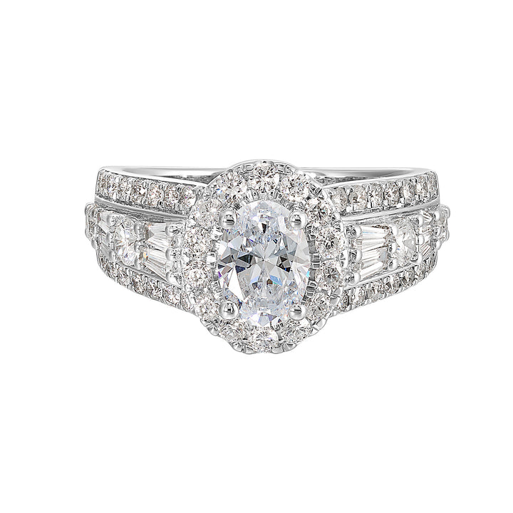 Enjoy the sparkle of this gorgeous three row engagement ring from a mile away with a combination of baugette and round diamond.