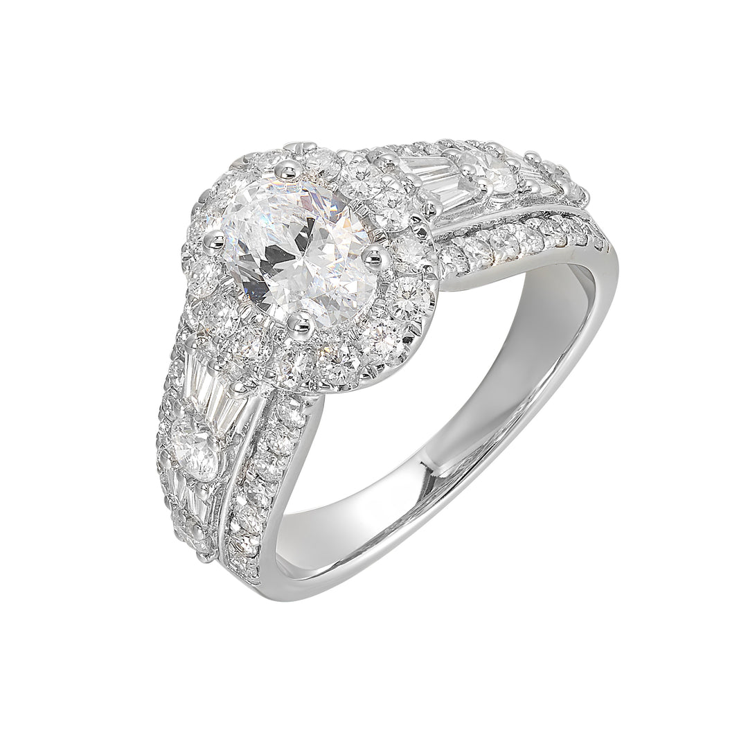 Enjoy the sparkle of this gorgeous three row engagement ring from a mile away with a combination of baugette and round diamond.