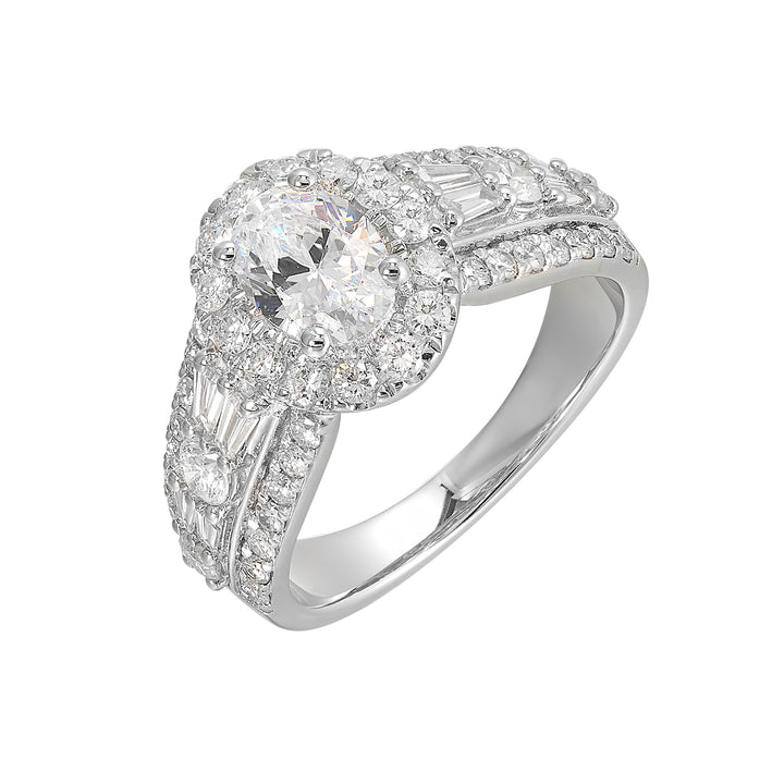 Enjoy the sparkle of this gorgeous three row engagement ring from a mile away with a combination of baugette and round diamond.
