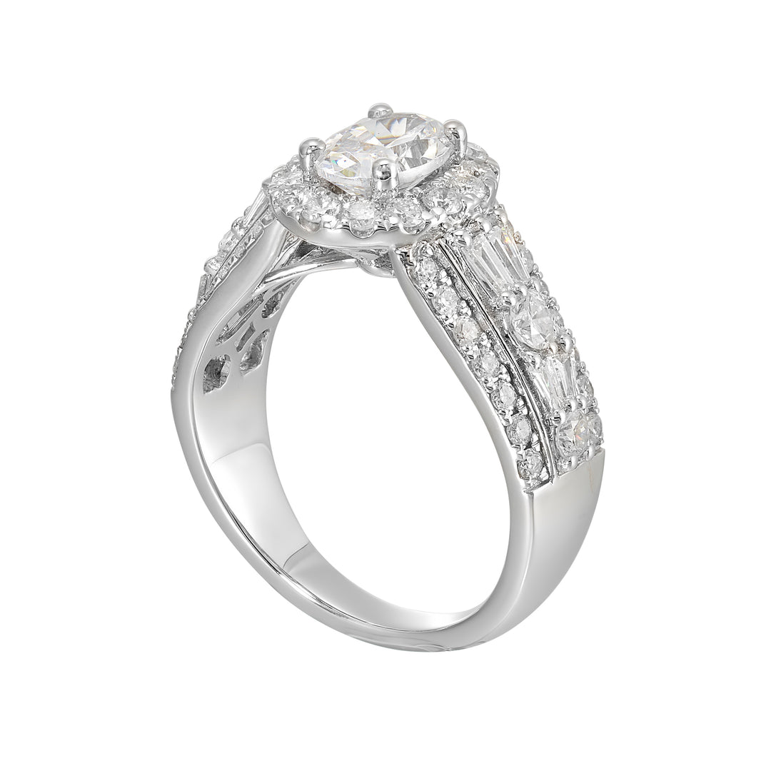 Enjoy the sparkle of this gorgeous three row engagement ring from a mile away with a combination of baugette and round diamond.