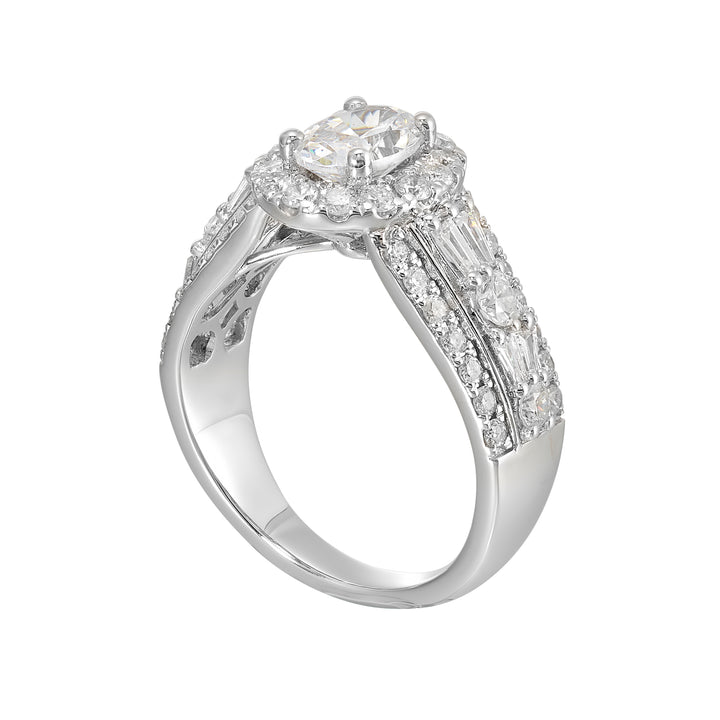 Enjoy the sparkle of this gorgeous three row engagement ring from a mile away with a combination of baugette and round diamond.