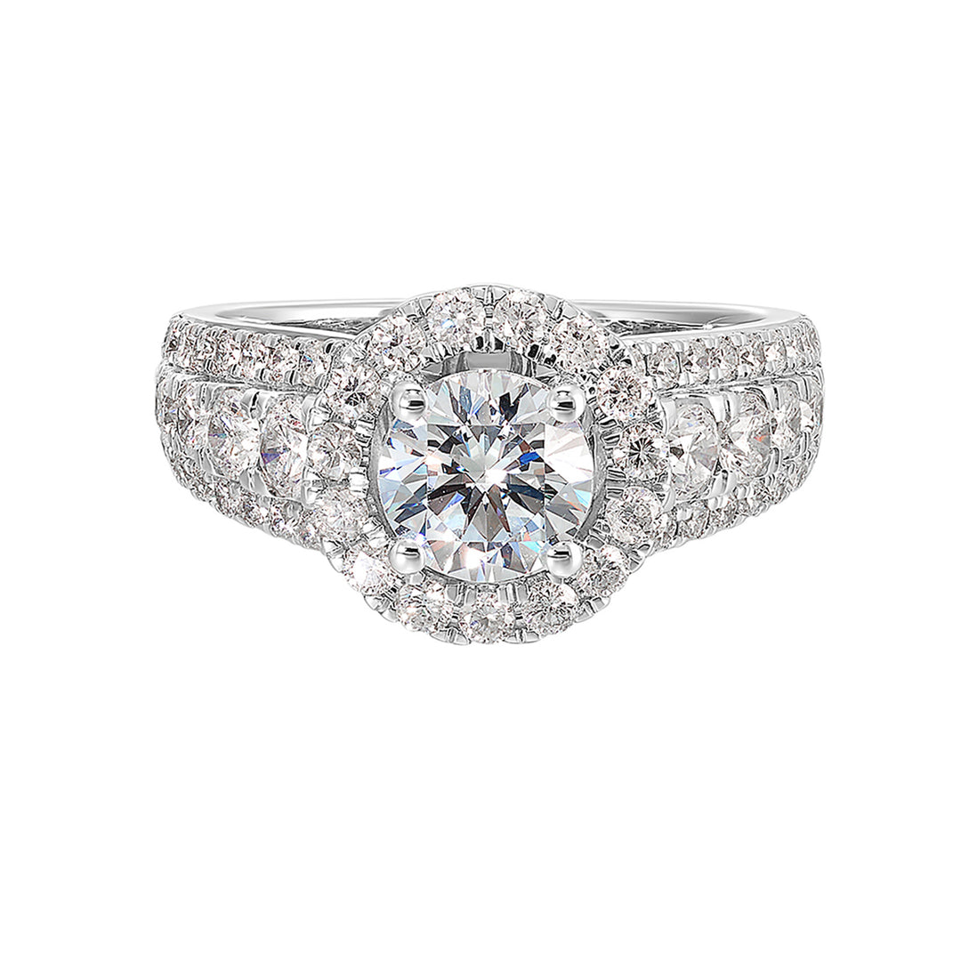 Modern and timeless, three row diamond engagement ring with bigger diamonds in center and a classy halo are sure to catch everyone attention.