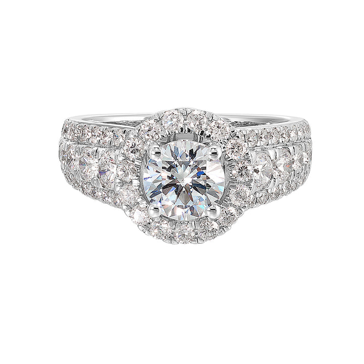 Modern and timeless, three row diamond engagement ring with bigger diamonds in center and a classy halo are sure to catch everyone attention.