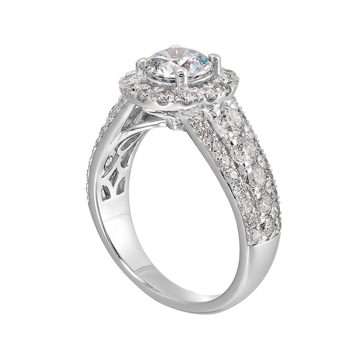 Modern and timeless, three row diamond engagement ring with bigger diamonds in center and a classy halo are sure to catch everyone attention.