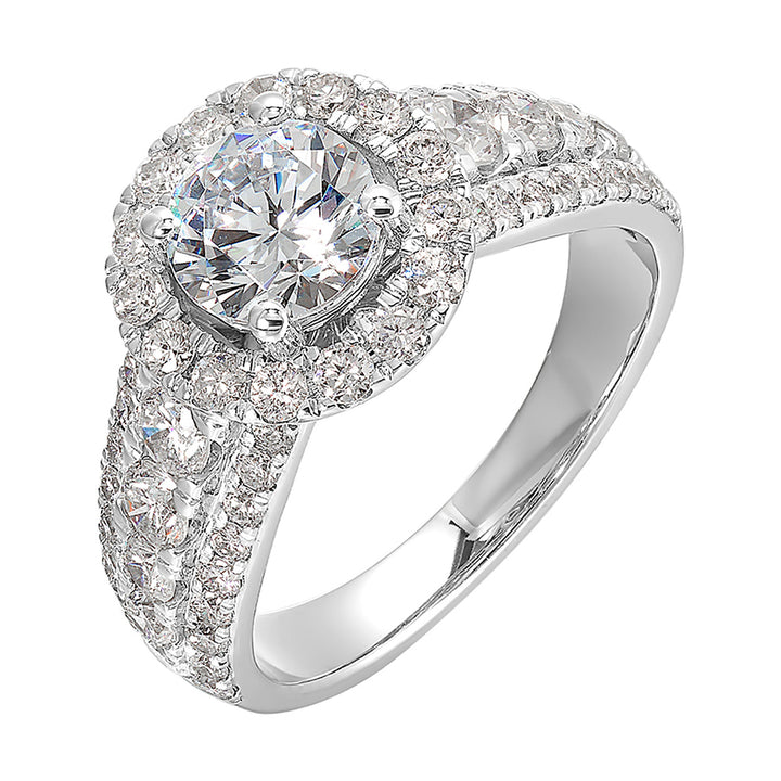 Modern and timeless, three row diamond engagement ring with bigger diamonds in center and a classy halo are sure to catch everyone attention.