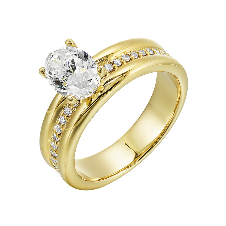 Impress the love of your life with this broad band ring. It features round diamonds set in center framed by a twin border of metal further highlighted with the oval center.