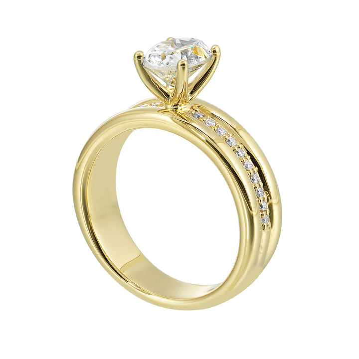 Impress the love of your life with this broad band ring. It features round diamonds set in center framed by a twin border of metal further highlighted with the oval center.