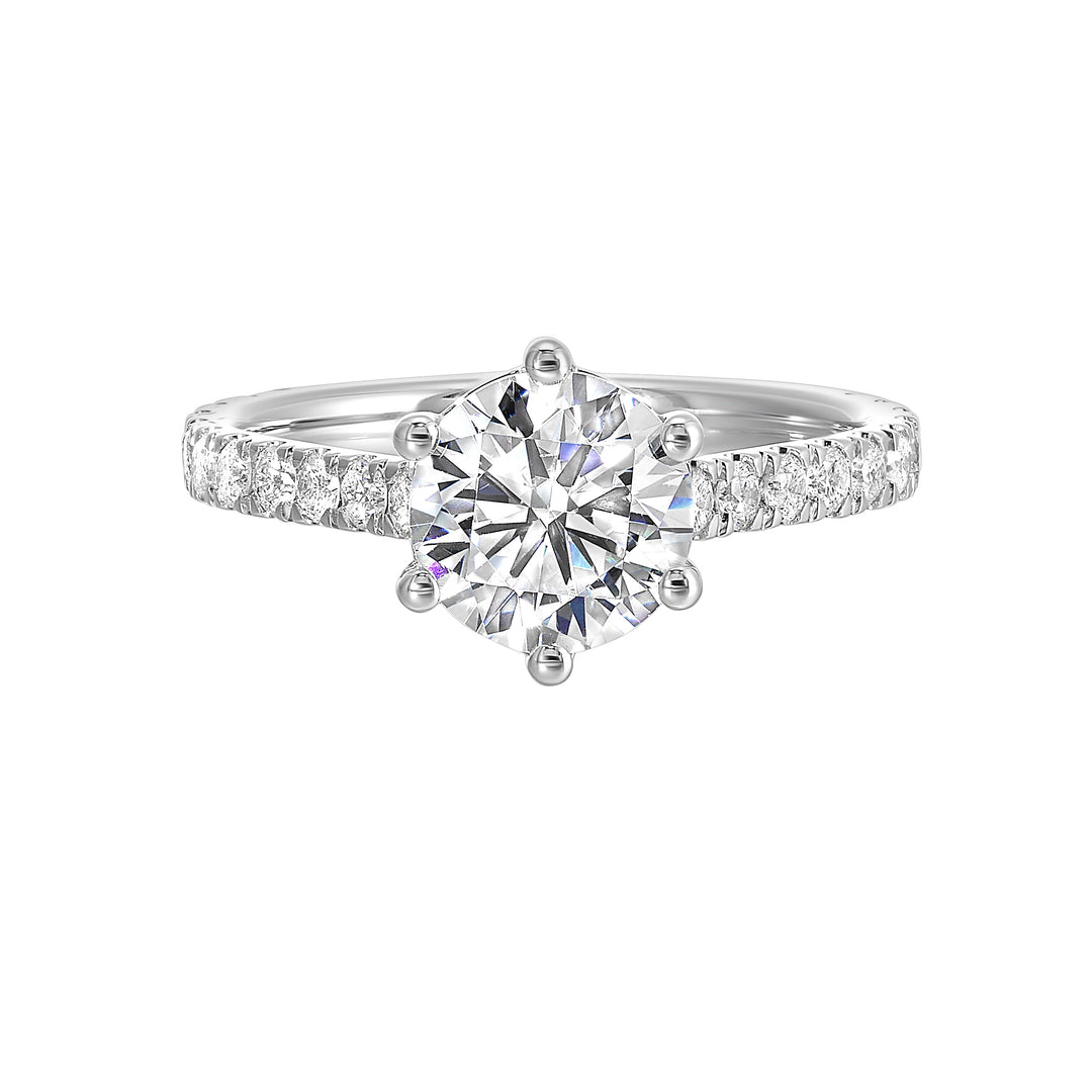 Dainty, timeless and elegant, this classic 6 prong solitare diamond engagement ring is a timeless design with petite pave band.