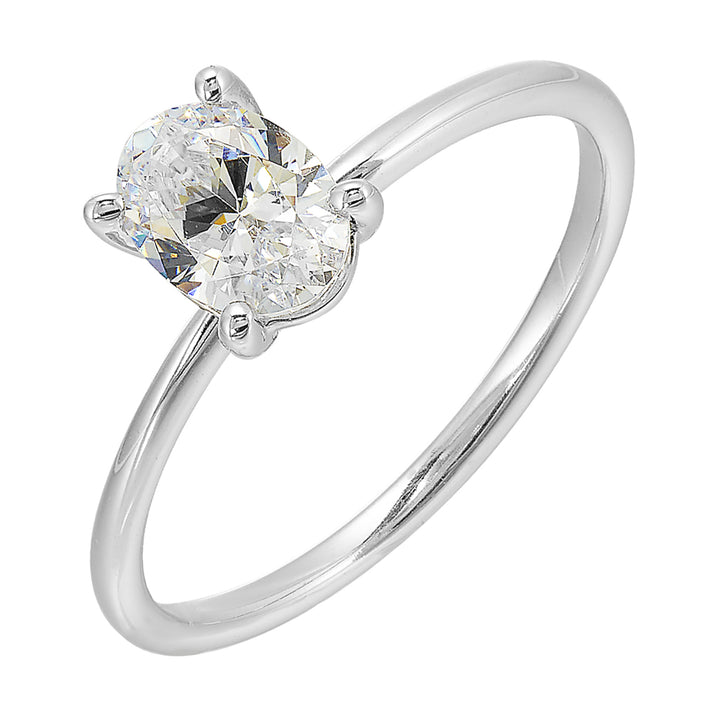 This delightful engagement ring features classic four prong oval solitaire engagement ring. The petite band adds to the sleek,  classic look of this ring.