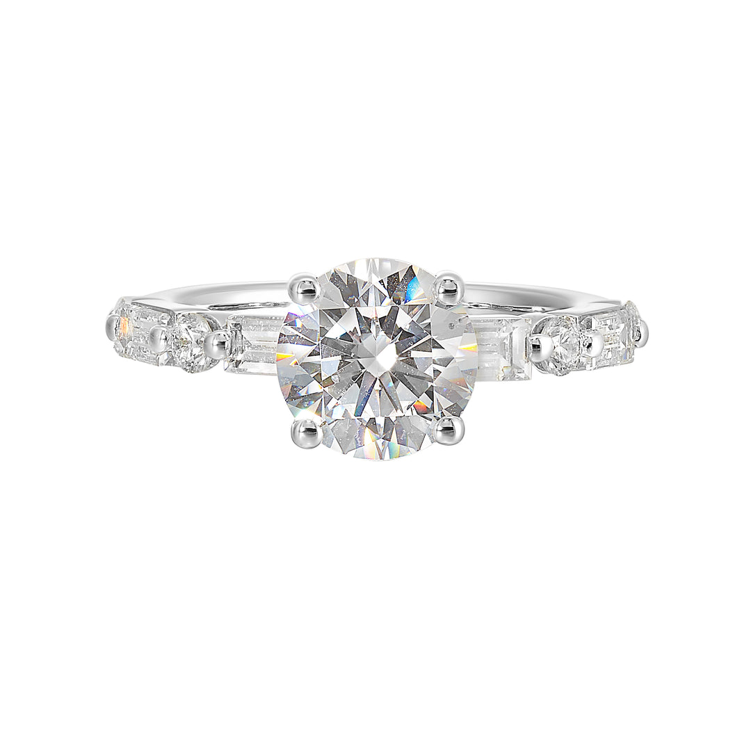 Baguettes and round diamonds spell contemporary elegance along this solitaire engagement ring.