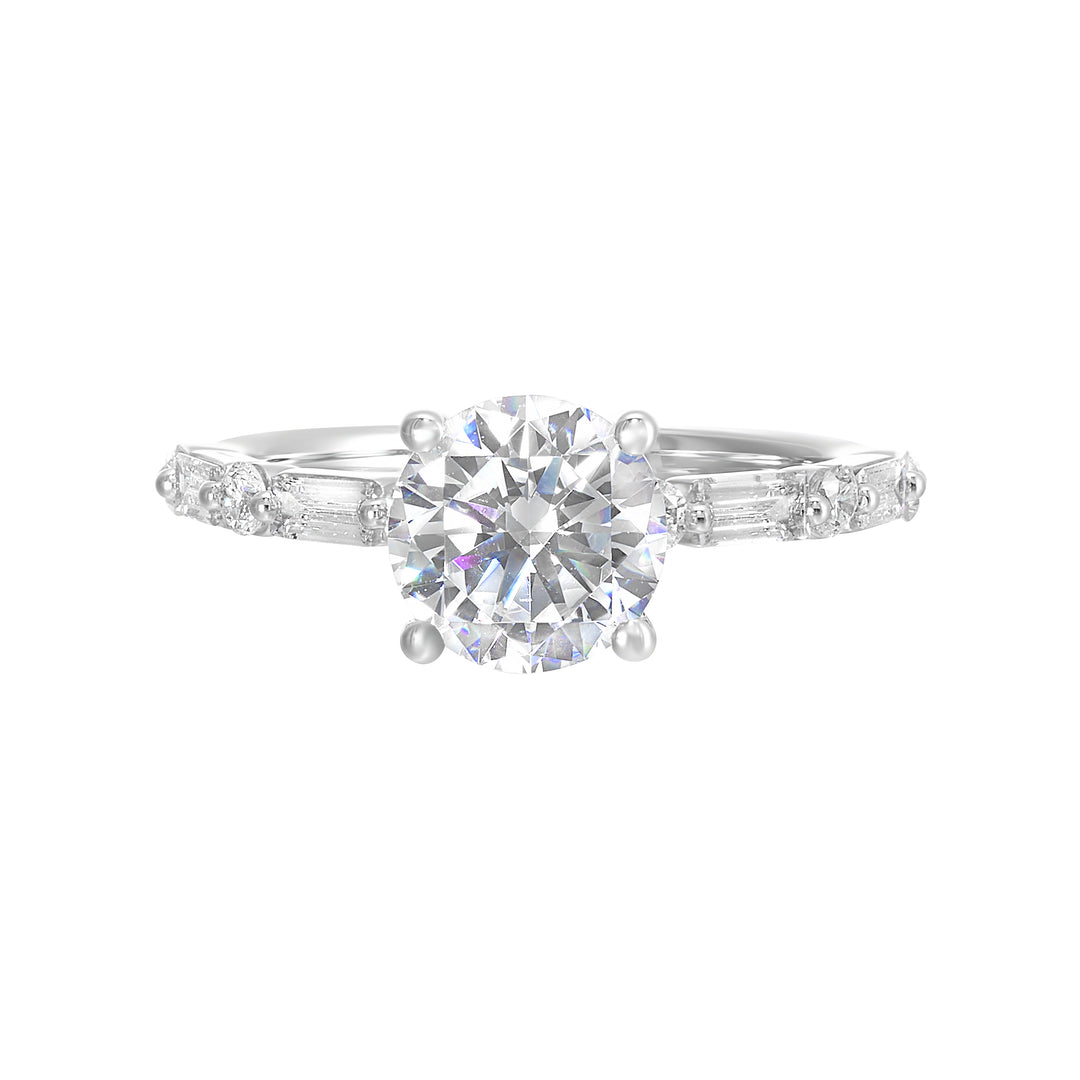 Baguette and round diamond story create a classic, elegant presentation for the round diamond center.