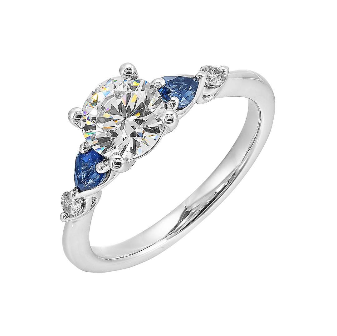 Colourful celebration! This five stone ring features round solitaire diamonds followed by pear shape colorstone and a round diamond at the end, offers a touch of color to your personality.