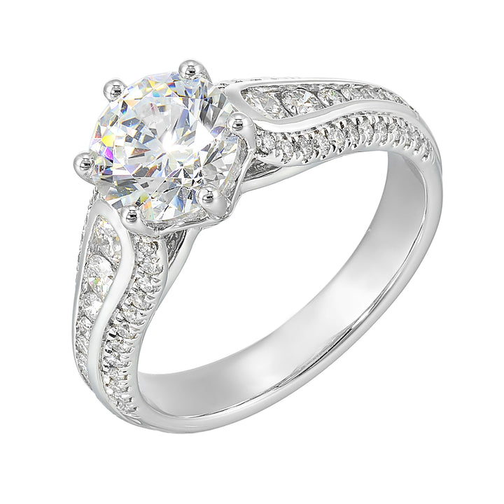Stunning solitaire ring set in 6 prongs is a dazzling display of channel set diamonds in the center & pave on sides making the ring more appealing.