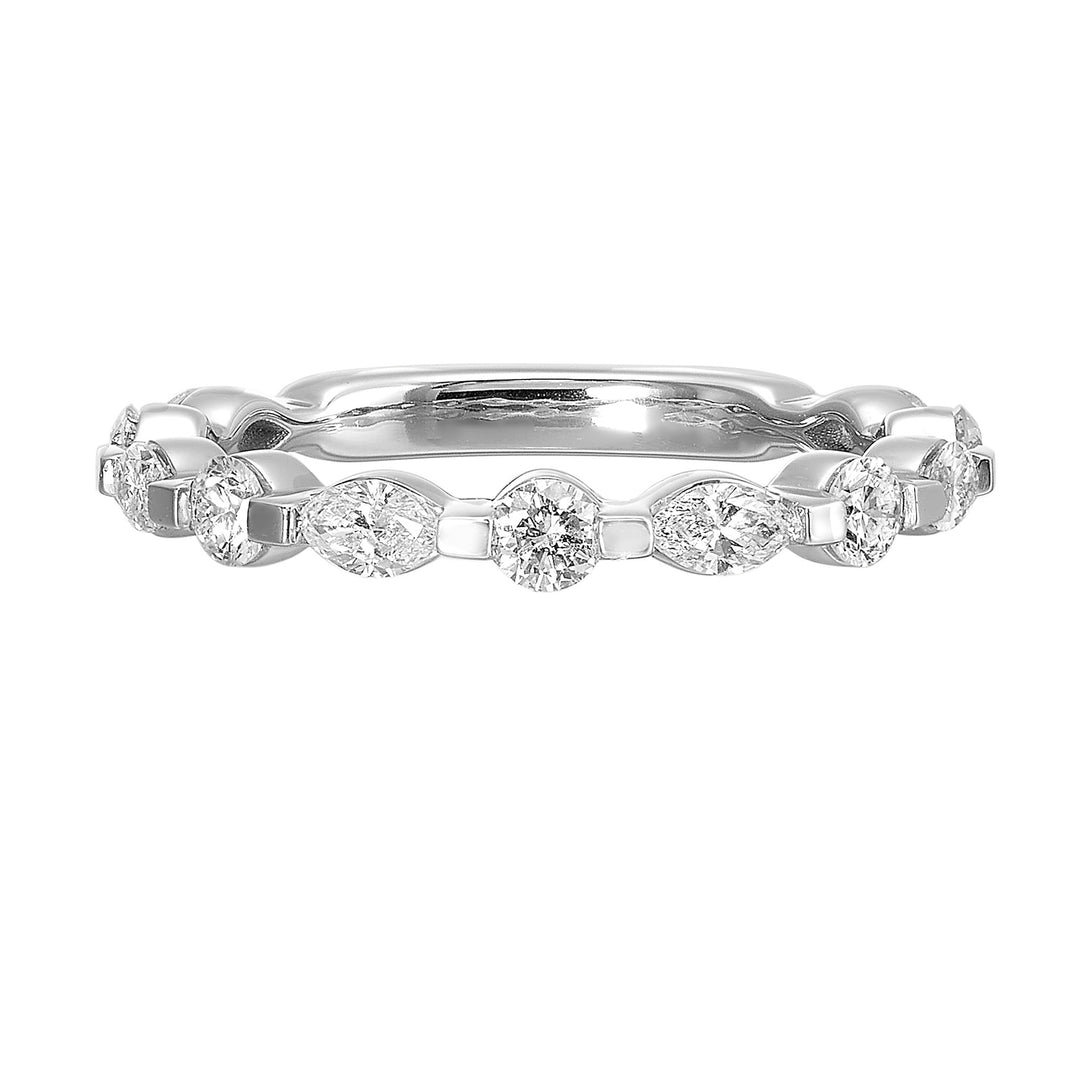 Round and marquise diamonds create an distinctive pattern across the top of this classic band is perfect to stack with ring of your choice.